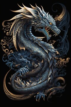 3D dragon on black background. Generative in ai