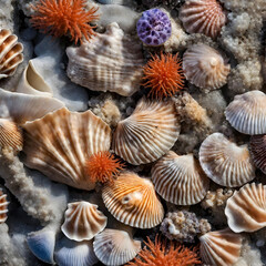 sea shells background, macro marine life. northern red anemones, set of clam mollusk shells