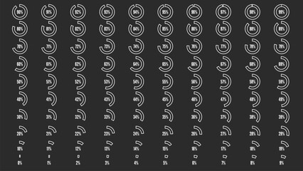 Percentage circle diagrams from 0 to 100. Set of sign icon for infographic. Big percent collection for user interface UI or business infographic. Black and white shapes. Vector illustration.