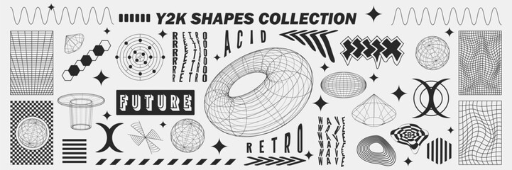 Abstract geometry wireframe shapes and patterns, cyberpunk elements, signs and perspective grids. Surreal geometric retro signs. Rave psychedelic futuristic Y2k acid aesthetic set. Vector illustration - obrazy, fototapety, plakaty