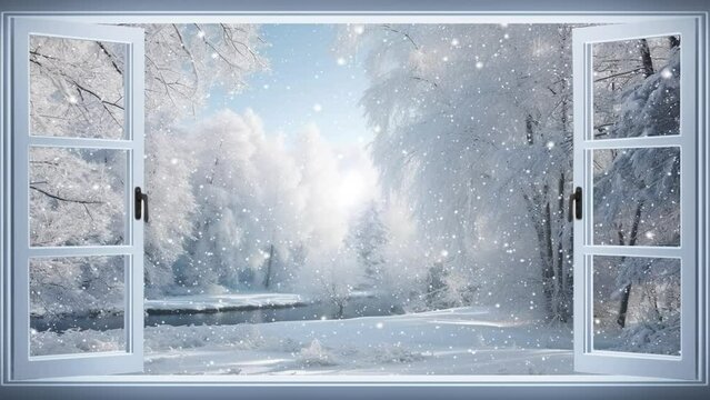 Winter landscape with falling snow, seen through an open window