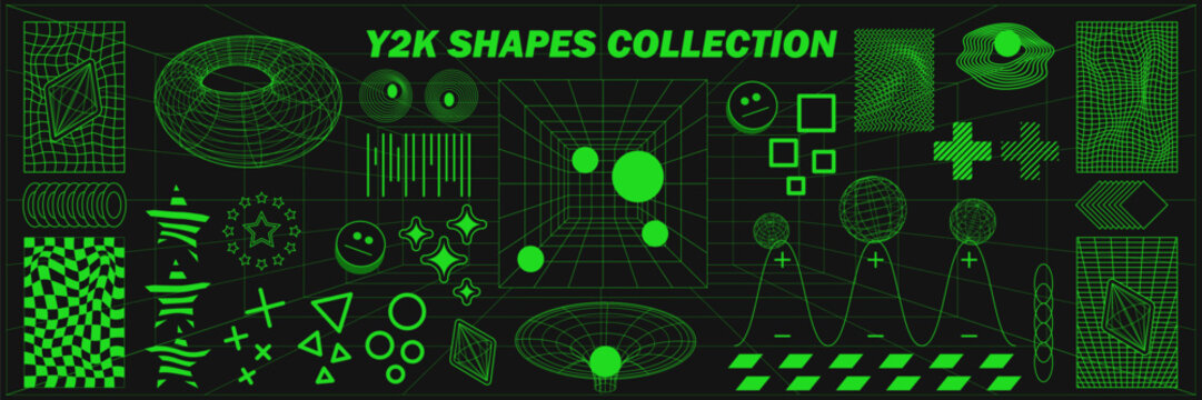 Abstract geometry wireframe shapes and patterns, cyberpunk elements, signs and perspective grids. Surreal geometric retro signs. Rave psychedelic futuristic Y2k acid aesthetic set. Vector illustration