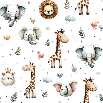 Watercolor childish seamless pattern with cute jungle animals: elephant, lion, giraffe and birds isolated on white background.