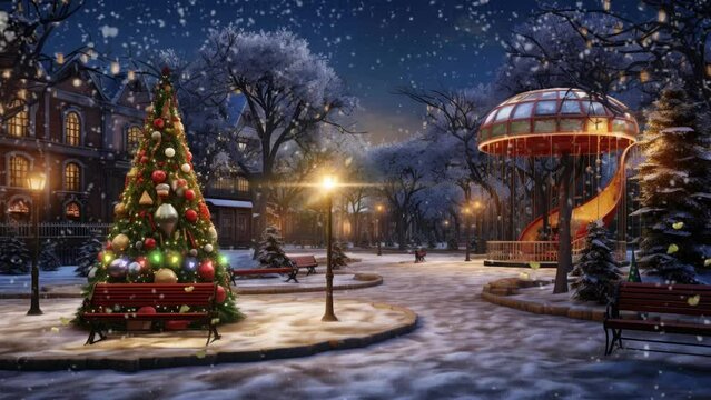 the atmosphere of a small children's park on Christmas Eve with Christmas tree decorations. seamless looping time-lapse virtual video animation background.