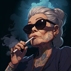 a 90s anime old woman with tattoos on her body wearing round glasses like a gangster