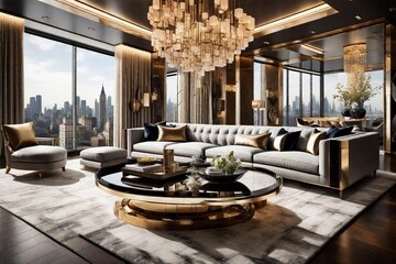 Contemporary Elegance: Luxurious Home Interior with Cozy Furniture and Elegant Lighting