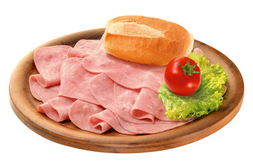 tábua de madeira rústica com de presunto cru acompanhado de pão crocante, tomate e salada isolado em fundo transparente