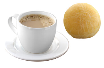 xícara de café com leite acompanhado de pão de queijo crocante isolado em fundo transparente