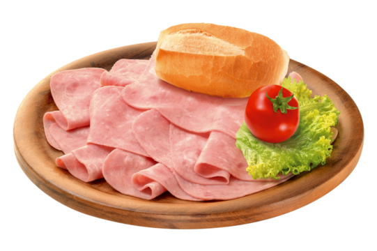 tábua de madeira rústica com de presunto cru acompanhado de pão crocante, tomate e salada isolado em fundo transparente
