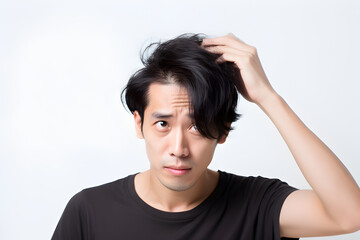 Closeup Young man serious hair loss problem with white backgroun for health care medical and shampoo product concept, selective focus