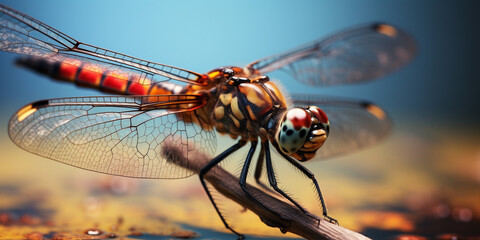 A yellow dragonfly perched on the grass isolated. gust of wind Heads and tails swaying in the wind on a hot, sunny day in a canal. Giant Red Dragonfly. AI Generative - obrazy, fototapety, plakaty