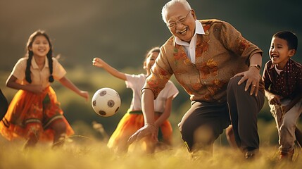 an older man playing soccer with children in the field