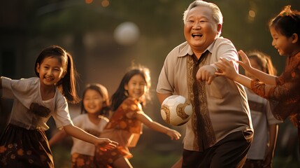 an older man playing soccer with children in the field