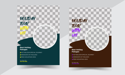 Travel agency flyer template design, space for photo background, a bundle of 2 templates of different colors a4 size.