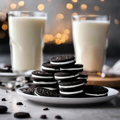 AI generated illustration of Oreo cookies stacked on top of each other on the plate - obrazy, fototapety, plakaty