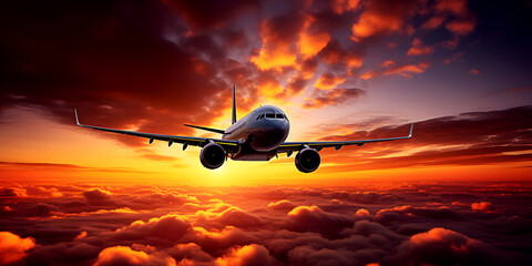 Passenger or cargo plane flies in sky above layer of clouds colored orange and red in evening at...