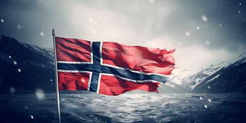 Tattered Norway flag flutters in wind on flagpole in snowstorm against backdrop of northern sea and mountain peaks - obrazy, fototapety, plakaty