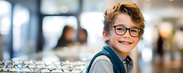 un enfant souriant avec des lunettes de vue chez un opticien