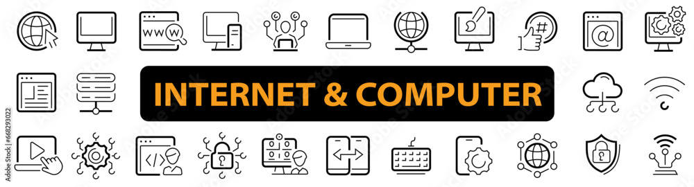 Poster internet computer icon set. cloud technology, data center, connection network, online, computer, web
