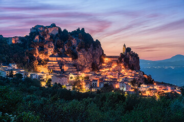 The beautiful village of Bagnoli del Trigno illuminated at sunset. Province of Isernia, Molise,...