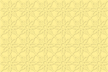Seamless geometric embossed pattern on light yellow background. Beautiful Islamic background for banner, backdrop, leaflet, flyer, card, wallpaper, and more.