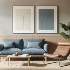 A modern minimalist living room featuring a blue sofa and a terra cotta lounge chair. The furniture is neatly arranged against a wall, adorned with two art posters.