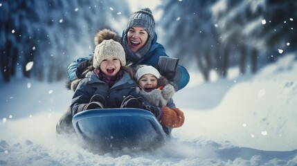 Fototapeta na wymiar Snowy Adventures: the excitement of sledding in a winter wonderland. Perfect for winter-themed designs and family-oriented stock images