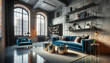 An industrial-themed space showcasing exposed brick walls, a polished concrete floor, and a luxurious blue velvet sofa. - obrazy, fototapety, plakaty