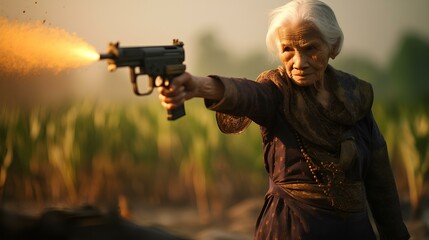 a grandmother shot using a gun - obrazy, fototapety, plakaty
