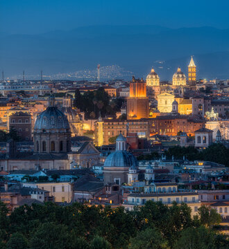 Rome panorama at sunset from the Gianicolo Hill Terrace.