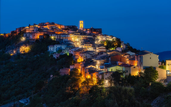 The beautiful village of Trivento illuminated at sunset. Province of Campobasso, Molise, Italy.