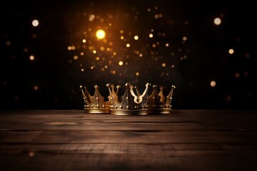 Three golden crowns and lights on wood and brown background, symbol of the Three Wise Men. Copy space. - obrazy, fototapety, plakaty