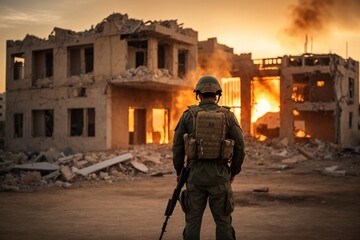 a Palestine Army soldier stands in front of a destroyed building Israel and Palestine conflict