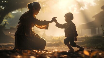 A grandmother in a kebaya who is practicing martial arts with a small child, with the effect of afternoon sunlight and fog 