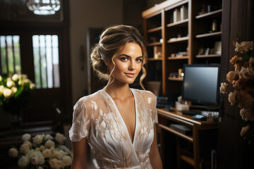 Fototapeta na wymiar Elegant bride in a detailed gown, capturing her radiant beauty in a rich interior setting with natural light.