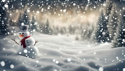 Naklejka na ściany i meble winter christmas background background. Xmas tree with snowman decorated with garland lights, holiday festive background. Widescreen backdrop. New year Winter art design, wide screen snow