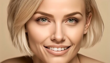 Fototapeta premium Close-up smiling Caucasian 20s woman green eyes smile broadly with white teeth looking at camera happy girl wearing glasses and hat posing on street in city millennial female lady with natural makeup