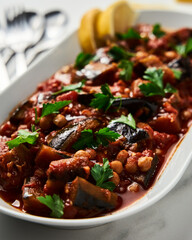 Maghmour or Lebanese moussaka. Dish made from baked or fried eggplant with spices, chickpeas and...