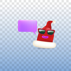 Vector cartoon monster Santa Claus red hat character with sunglasses and speech bubble isolated on transparent background. Merry Christmas greeting card, poster and banner with funny Santa Claus hat