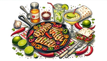 Chicken Fajitas and Margarita Cocktail - Mexican Culinary Illustration