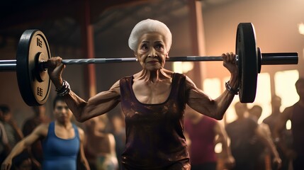 A grandmother wearing a kebaya is lifting a barbell with a gym in the background and several bodybuilders behind her 