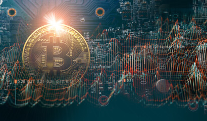 Criptomonedas y tecnología.
Moneda de oro de Bitcoin en fondo futurista y abstracto de los gráficos de la acción. Concepto de finanzas e inversión.