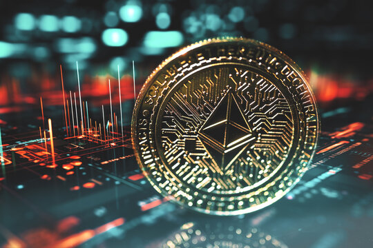 Criptomonedas y tecnolog&iacute;a.
Monedas de oro de Ethereum en fondo futurista y abstracto de los gr&aacute;ficos de la acci&oacute;n. Concepto de finanzas e inversi&oacute;n.
