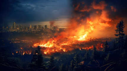 The forest, located near a city, is being destroyed by a natural disaster in the form of a fire