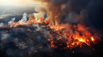 Fototapeta na wymiar A natural disaster, specifically a forest fire near a city, is causing the destruction of the forest