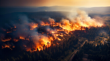 Fototapeta na wymiar A forest fire near a city has resulted in a natural disaster that is devastating the woodland
