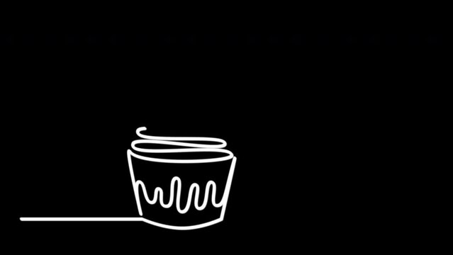 Cake, maffin and cherry berry on top silhouette self drawing line animation.	White glowing line animated on black background.