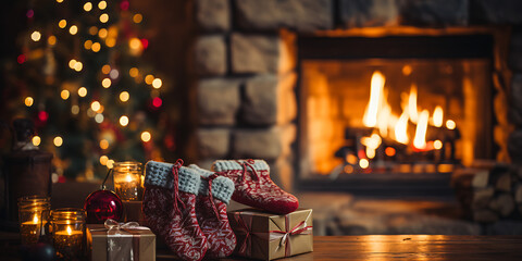 Salón navideño con chimenea y calcetines para reglaos.