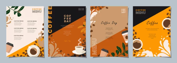 Fotobehang Set of sketch banners with coffee beans and leaves on colorful background for poster, menu, cafe or another template design. Coffee Day. vector illustration. © Udomdech