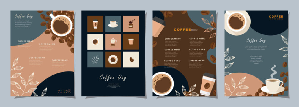 Set of sketch banners with coffee beans and leaves on colorful background for poster, menu, cafe or another template design. Coffee Day. vector illustration.
